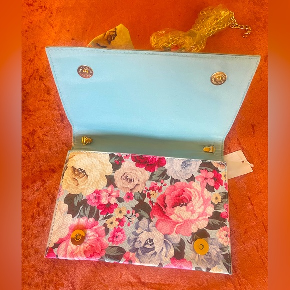 Pink & Blue Floral Bow Chain Strap Fold Over Medium Clutch Cross Body Bag - Picture 9 of 12